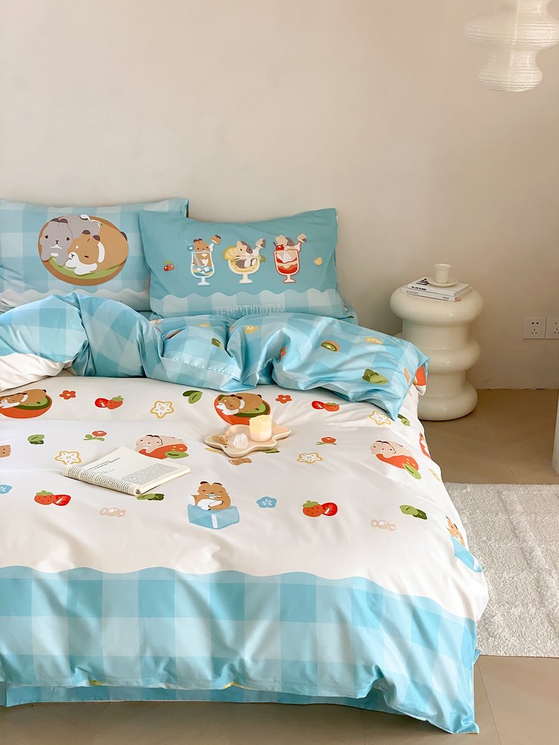 提摩西小队 夏日饮品可爱100%棉蓝色格子寝具床上四件套 - 寝具 - 棉．麻 蓝色