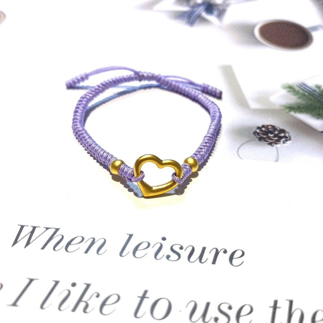 Eli Jewelry纯金 气质薰衣草紫爱心桃心金珠造型浅紫绳黄金手链 - 手链/手环 - 贵金属 紫色