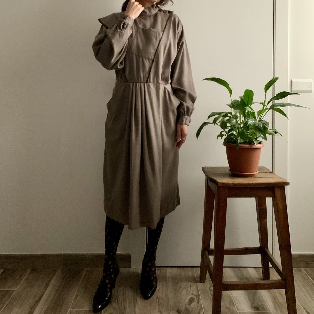 80年代 欧洲古着 意大利制羊毛 卡其色 不对称长洋装 - 洋装/连衣裙 - 羊毛 卡其色