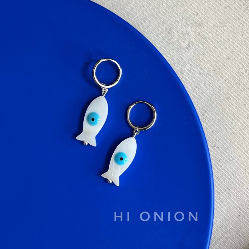 Hi Onion原创小众蓝色鱼s925银耳扣耳环耳夹百搭个性高级感可水洗 - 耳环/耳夹 - 其他材质 