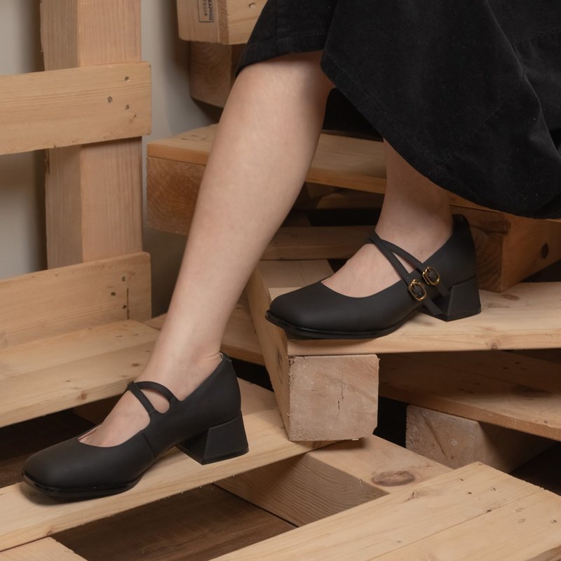 玛莉珍鞋 芭蕾舞鞋_丝绸黑  方头 - 玛莉珍鞋 - 真皮 黑色