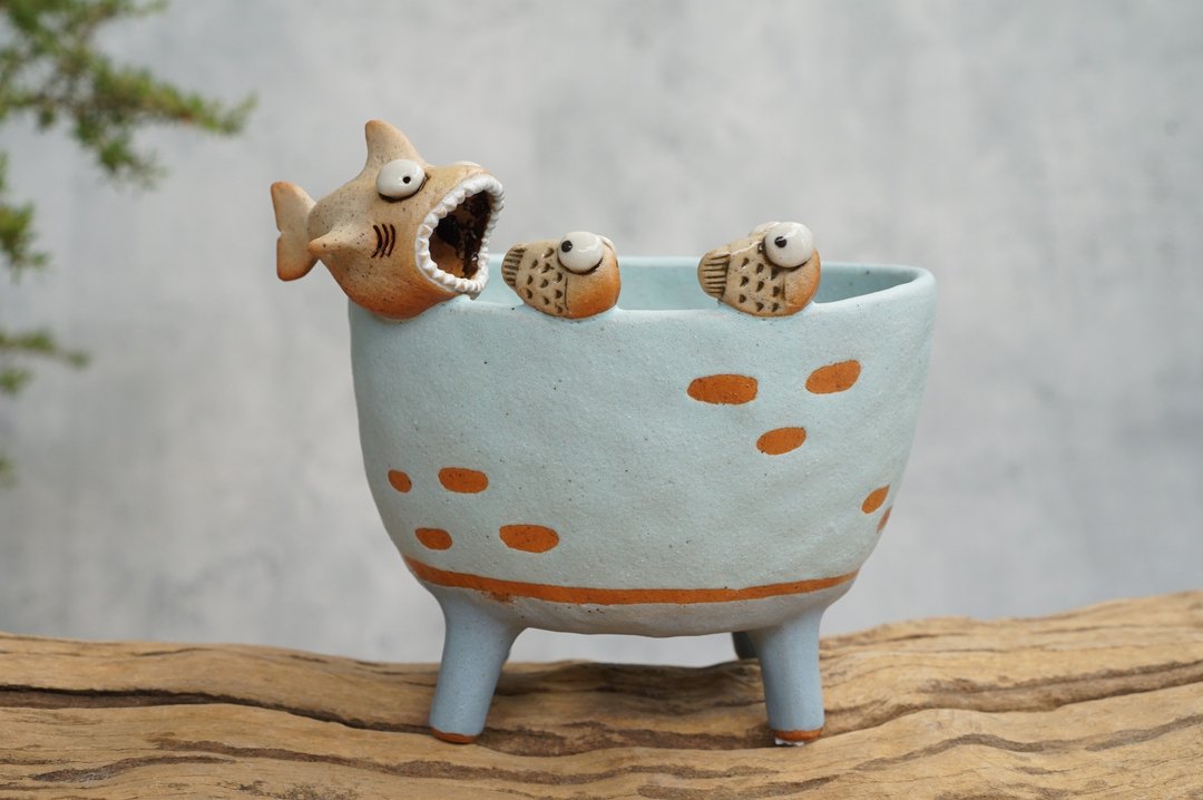 Fish pot , Fish plant pot , Handmade ceramics , pottery - 花瓶/陶器 - 陶 蓝色