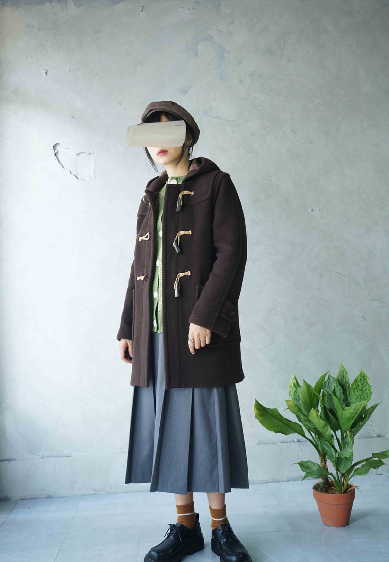寻宝古着-英国制深棕London Tradition牛角扣格纹连帽大衣 - 女装休闲/机能外套 - 羊毛 咖啡色