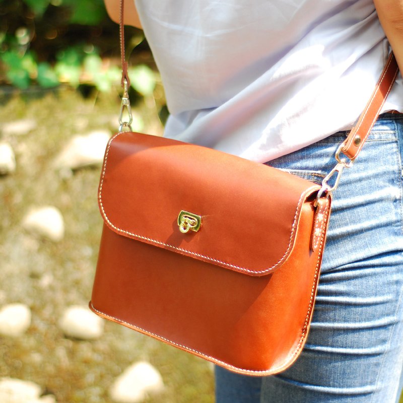 chin ７寸 肩背/斜背包 真皮手缝(棕色) - 侧背包/斜挎包 - 真皮 咖啡色