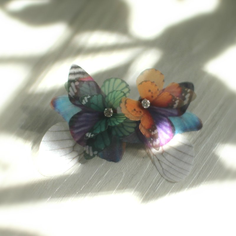 不对称蝴蝶耳环一对&水钻925银耳针 pierced or clip-on earring - 耳环/耳夹 - 丝．绢 紫色