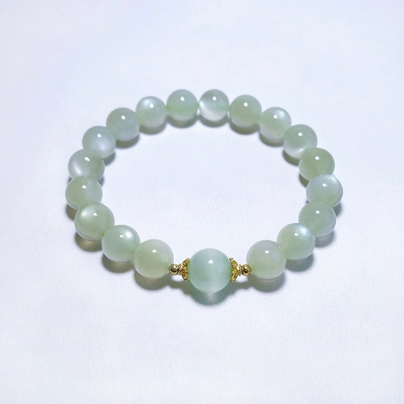 天然矿石 绿月光 9 mm 猫眼绿纹石 925纯银 手链 - 手链/手环 - 宝石 绿色