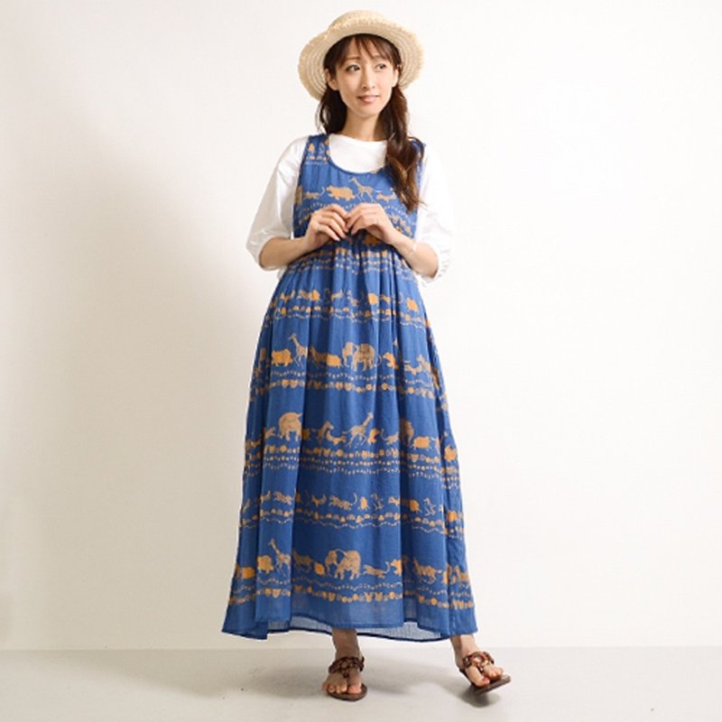 Heiwagakko Animal Sleeveless Switch One Piece - 洋装/连衣裙 - 棉．麻 蓝色