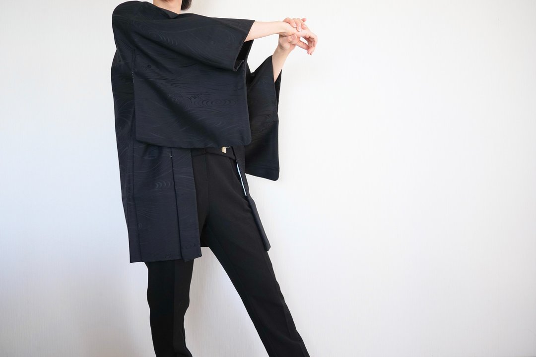 woven wave kimono, black vintage kimono, kimono jacket, Japanese kimono - 女装休闲/机能外套 - 聚酯纤维 黑色