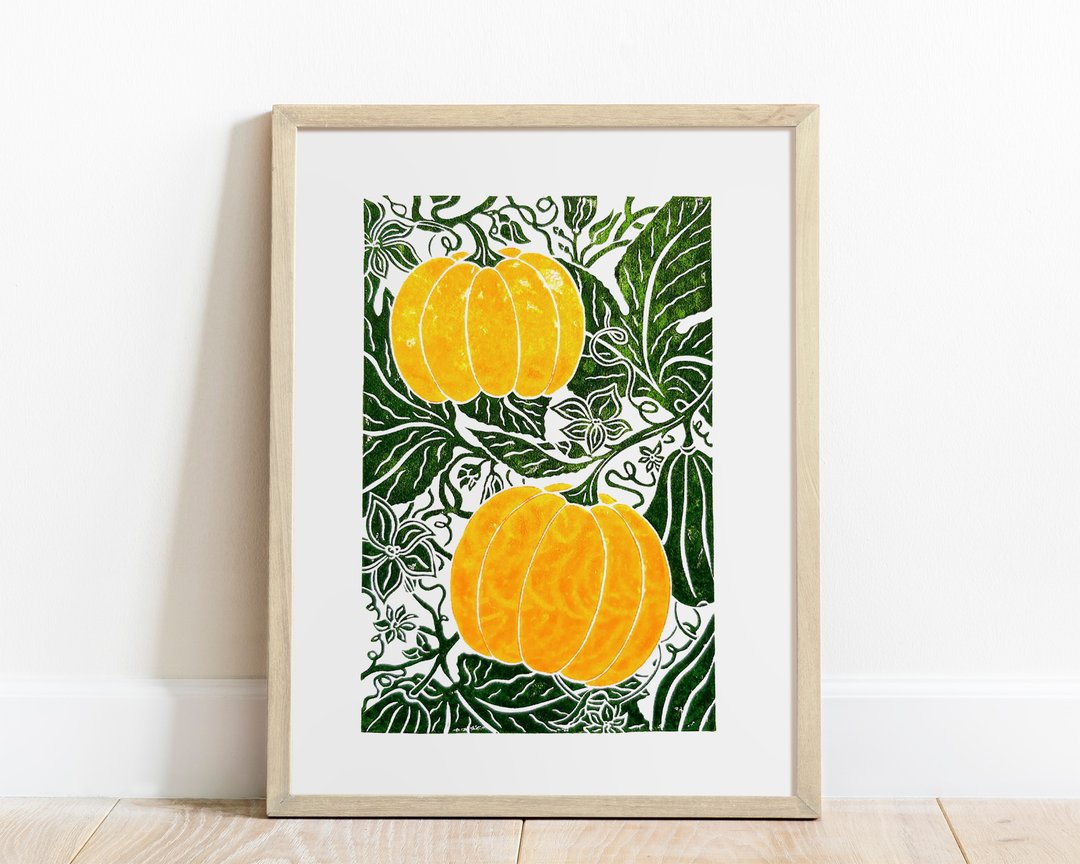 黄色和绿色南瓜油毡版画秋季墙壁艺术植物艺术品 - 海报/装饰画/版画 - 纸 黄色