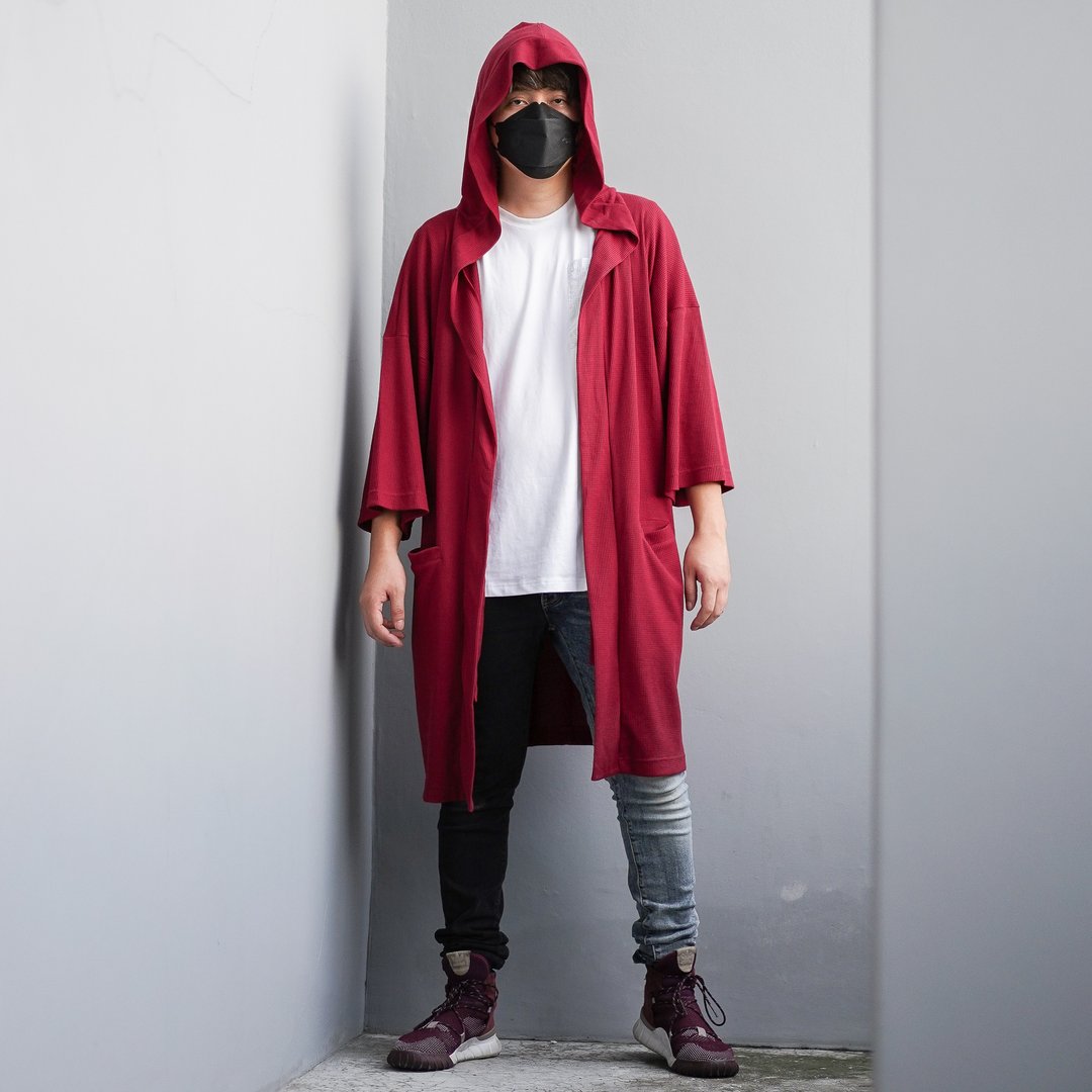 男款连帽宽松外套，日式和服开襟，均码浴衣 - 男装外套 - 聚酯纤维 红色
