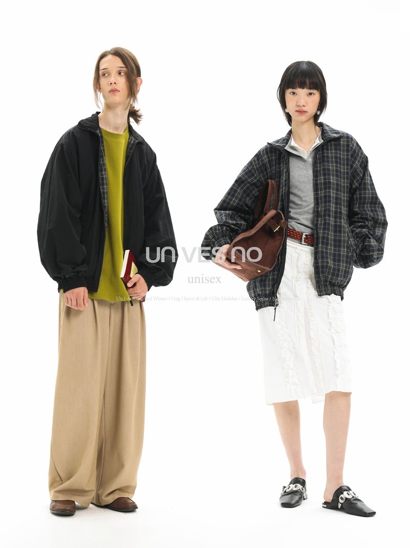 【双面穿】Unvesno(UN) 复古褶皱休闲运动通勤净色格子夹克外套 - 男装外套 - 其他材质 