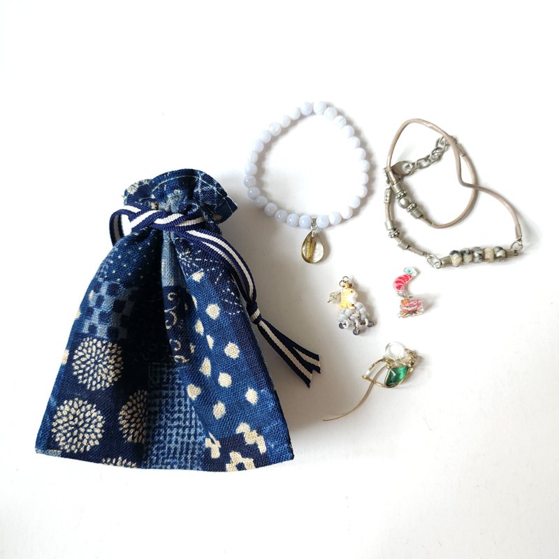 旅行首饰袋, 首饰收纳袋, 耳环戒指水晶链日本束口袋, 珠宝携带包 - 化妆包/杂物包 - 棉．麻 蓝色