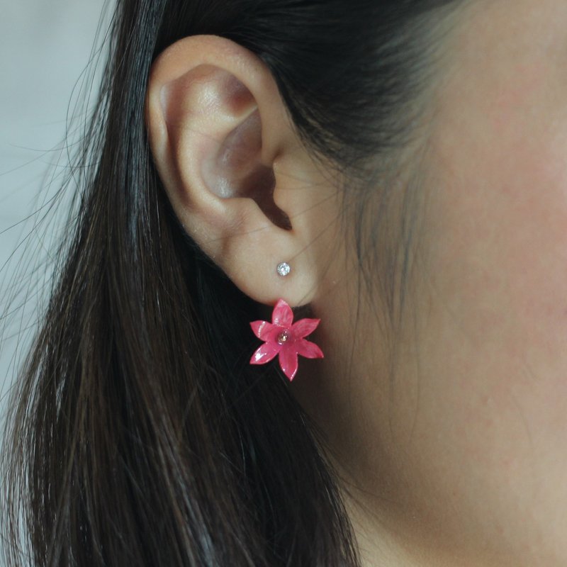 Pamycarie水晶下垂树枝黏土大红花耳环 - 耳环/耳夹 - 粘土 红色