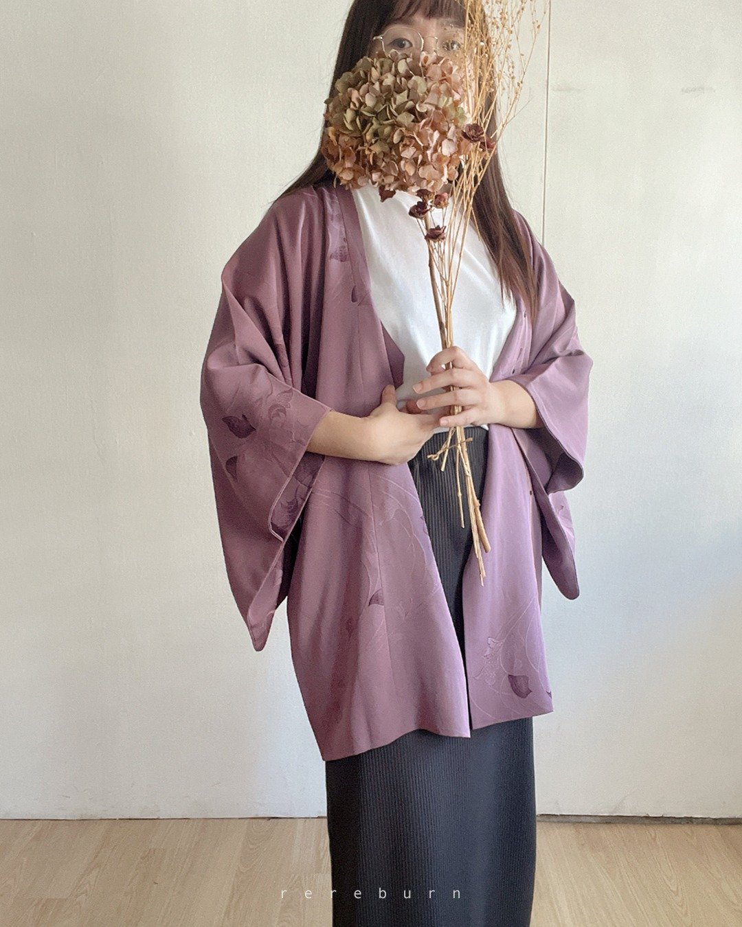 日本制和风印花薄款紫色古着道行羽织和服外套 - 女装休闲/机能外套 - 聚酯纤维 