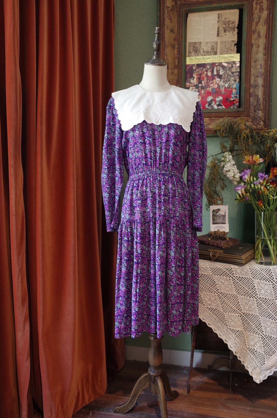 vintage dress 刺绣翻领连衣裙古着 - 裙子 - 棉．麻 