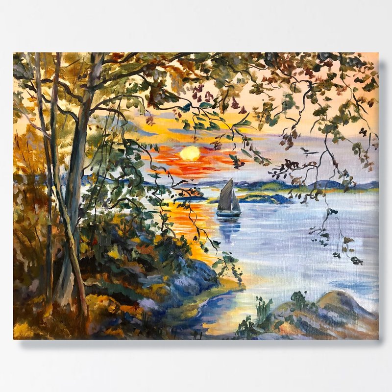 山水画 / 油画原作 / 手工油画 挂画 / 日落 湖泊 帆船 - 海报/装饰画/版画 - 棉．麻 