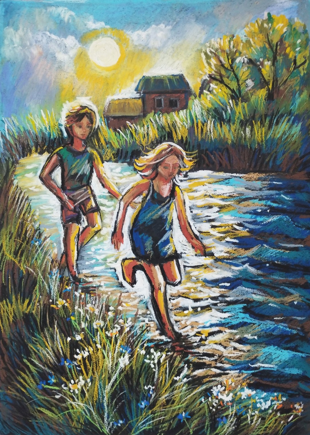 夏天的河童年自然画油画蜡笔画童年的欢乐 - 墙贴/壁贴 - 纸 绿色