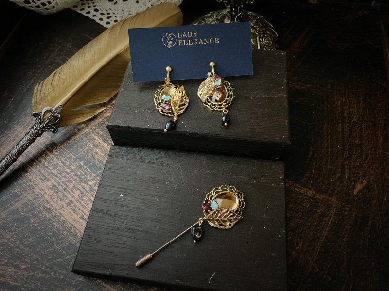 森林光阴水晶宝石不对称耳环+胸针组 - 胸针 - 其他材质 