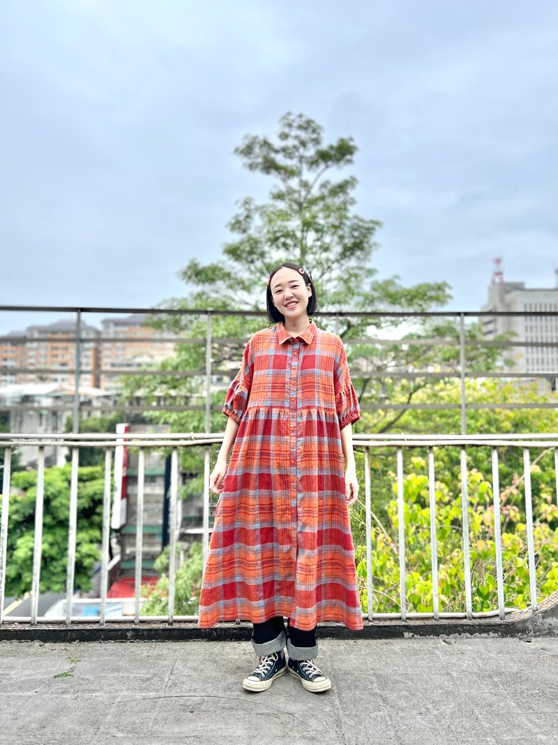 橘色大格长版衬衫 - 洋装/连衣裙 - 棉．麻 橘色