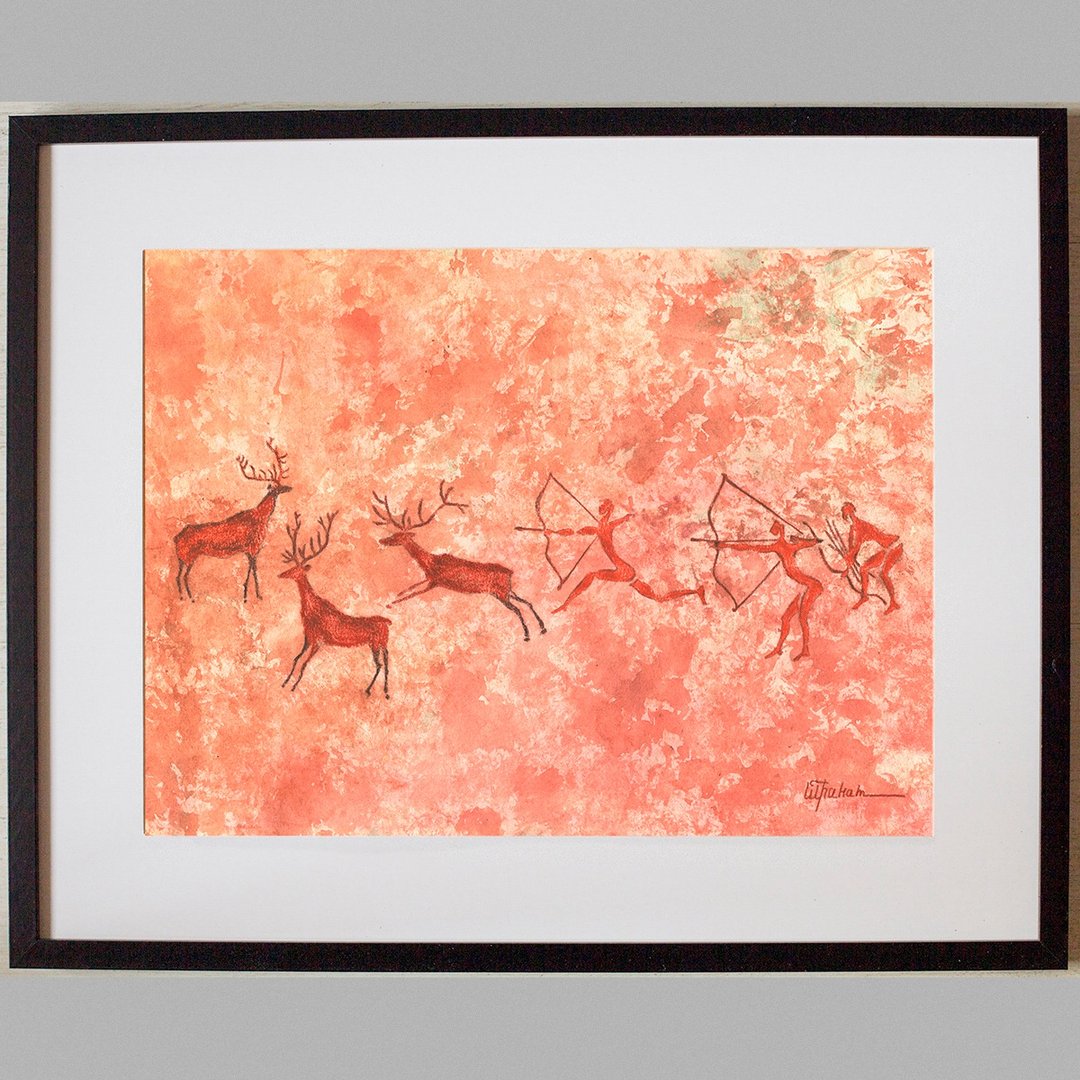 鹿狩猎绘画室内史前艺术水彩蜡笔画古代 - 海报/装饰画/版画 - 纸 红色