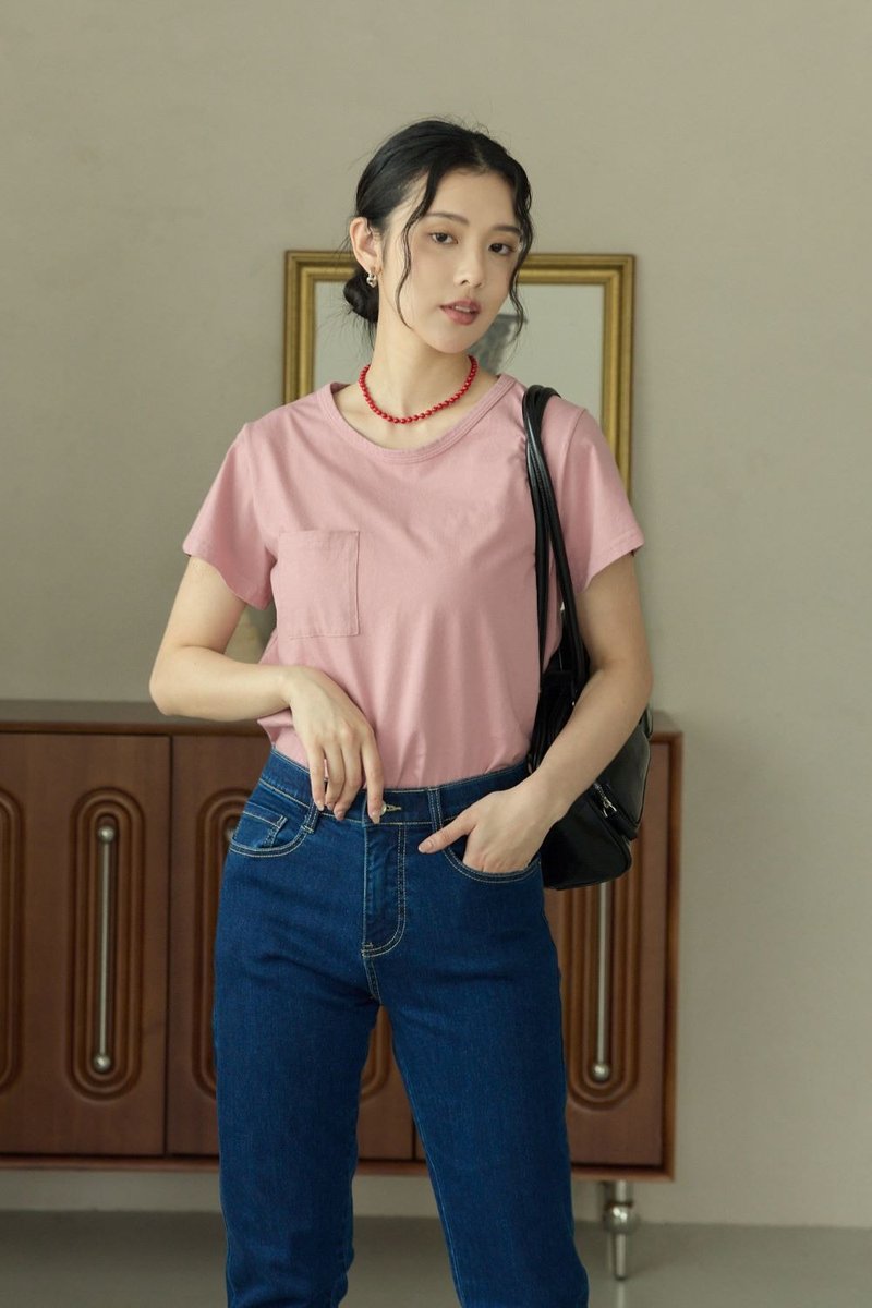 新色-口袋短版水洗上衣(粉红) - 女装 T 恤 - 棉．麻 粉红色