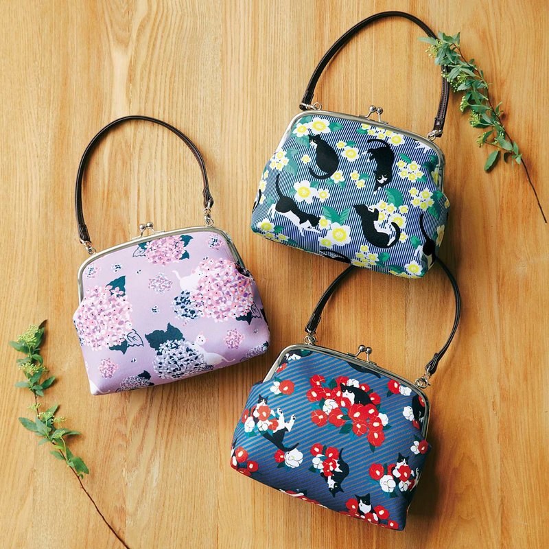 【猫部】和风花卉猫图口金手提包 - 手提包/手提袋 - 人造皮革 