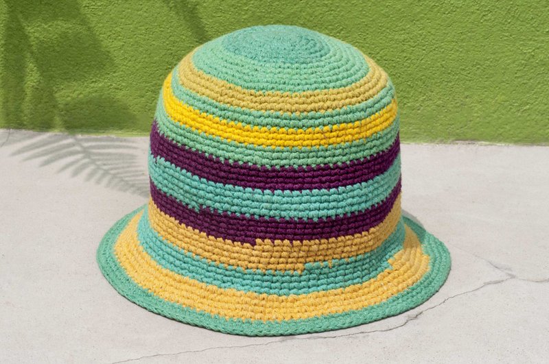 钩织棉麻帽 渔夫帽 遮阳帽 拼布帽 棉麻帽 手工编织帽-薄荷马卡龙 - 帽子 - 棉．麻 绿色