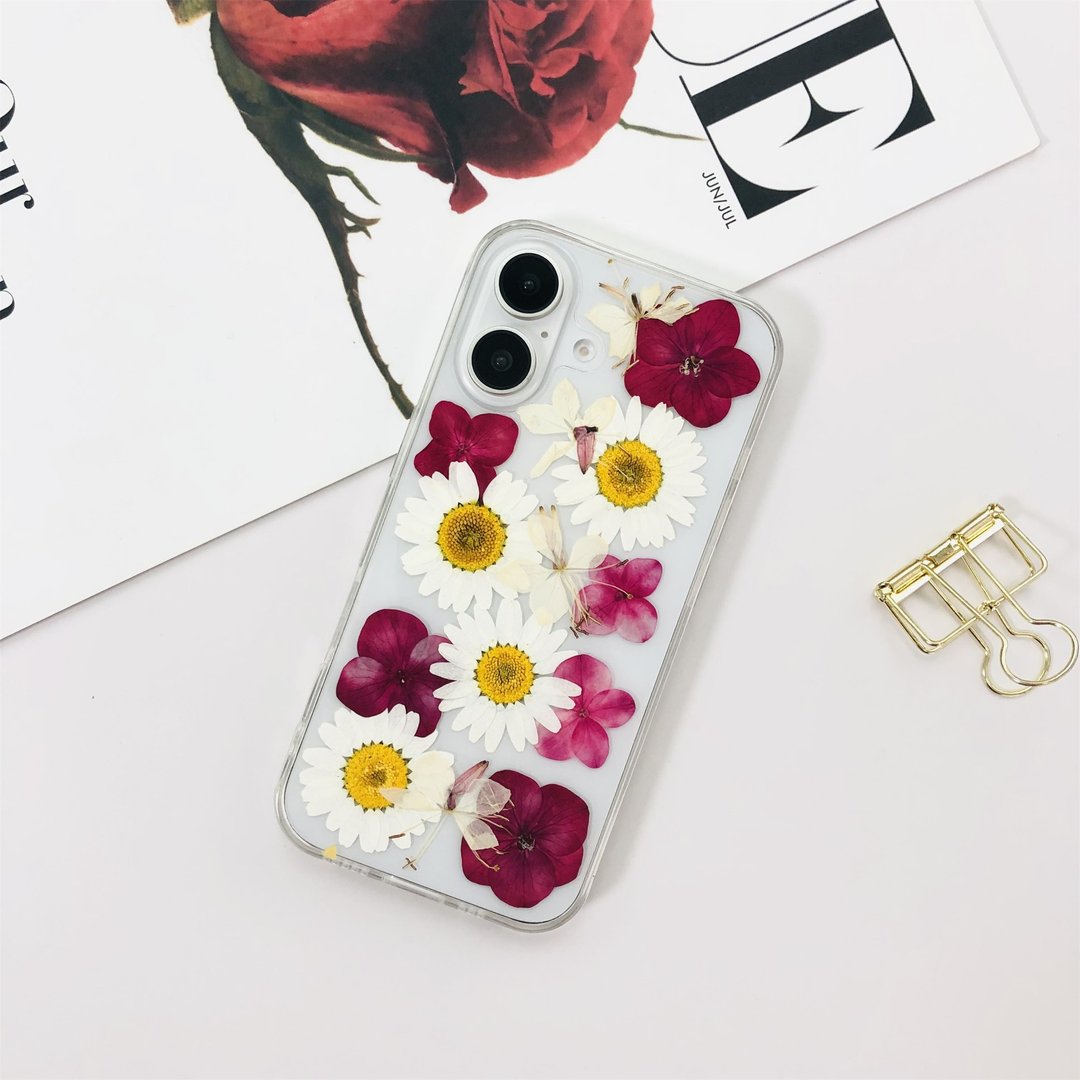 天然红白色花手作押花手机壳 适用于iPhone 16 Samsung S25 A系列 - 手机壳/手机套 - 植物．花 