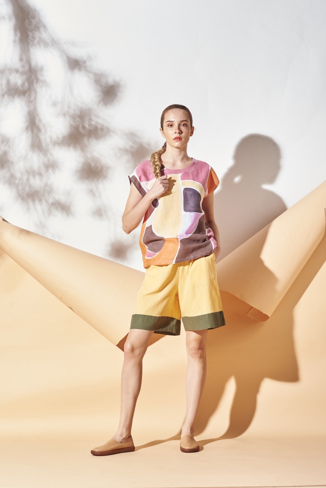Tank top and Short Pants Linen Hand Paint Art&Decor - 女装上衣 - 棉 黄色