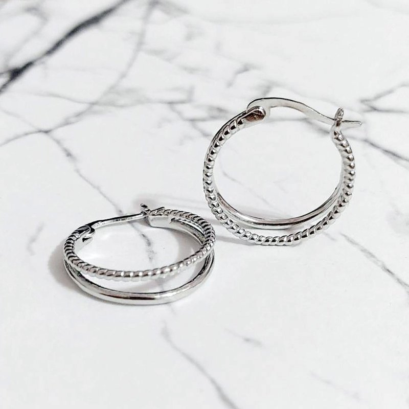 法式双环925纯银耳环 简约时尚设计 礼盒装 - 耳环/耳夹 - 纯银 银色