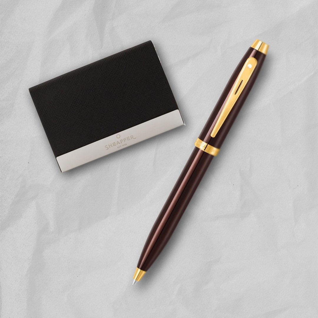 【SHEAFFER】100 系列亮棕金夹原子笔 + 商务名片盒 免费刻字 - 圆珠笔/中性笔 - 其他金属 咖啡色