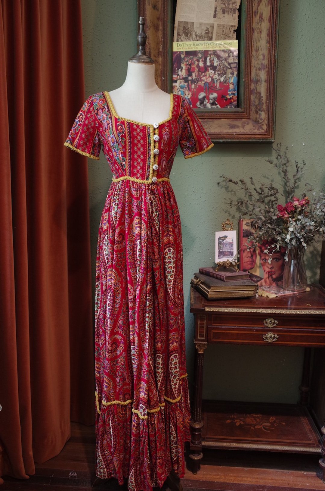 vintage dress美国制大裙摆印花连衣裙古着洋装 - 洋装/连衣裙 - 棉 