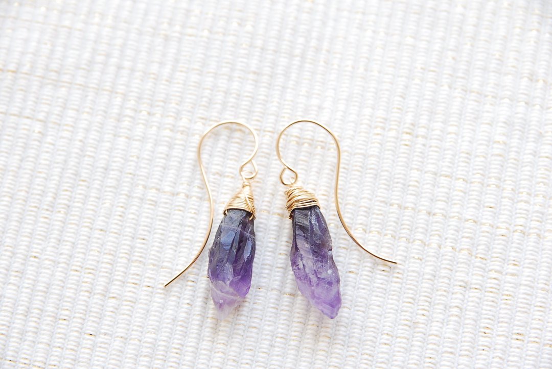 Rough lock amethyst piercing 14 kgf - 耳环/耳夹 - 宝石 紫色