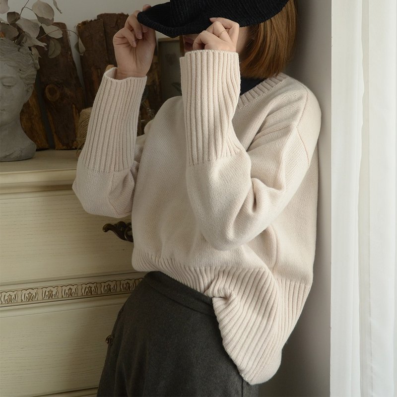 法式羊毛混纺套头毛衣|毛衣|秋冬款|澳洲羊毛|独立品牌|Sora-209 - 女装针织衫/毛衣 - 羊毛 白色