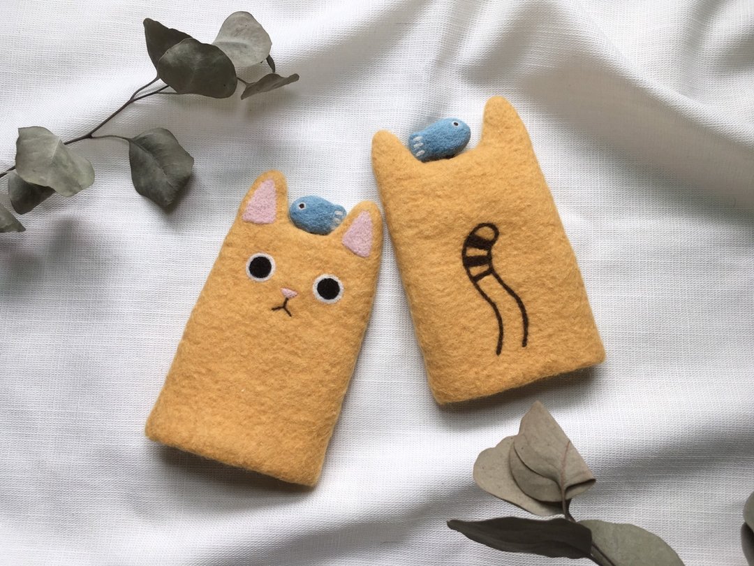 猫咪 羊毛毡  票卡套 证件套 钥匙包 纯手工制作 - 钥匙链/钥匙包 - 羊毛 橘色