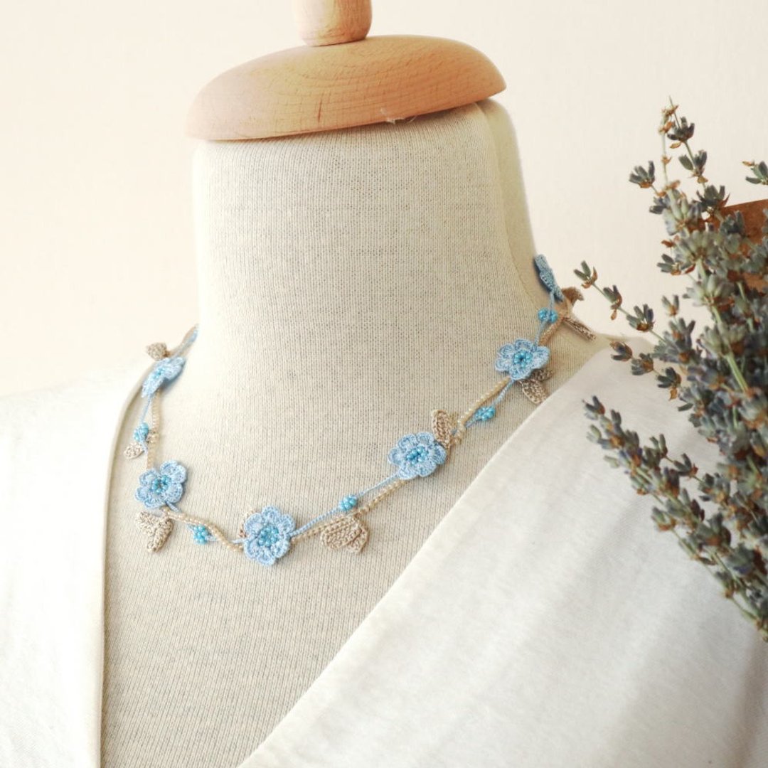 OYA crochet 45cm Necklace -MARY- Baby Blue - 项链 - 棉 蓝色