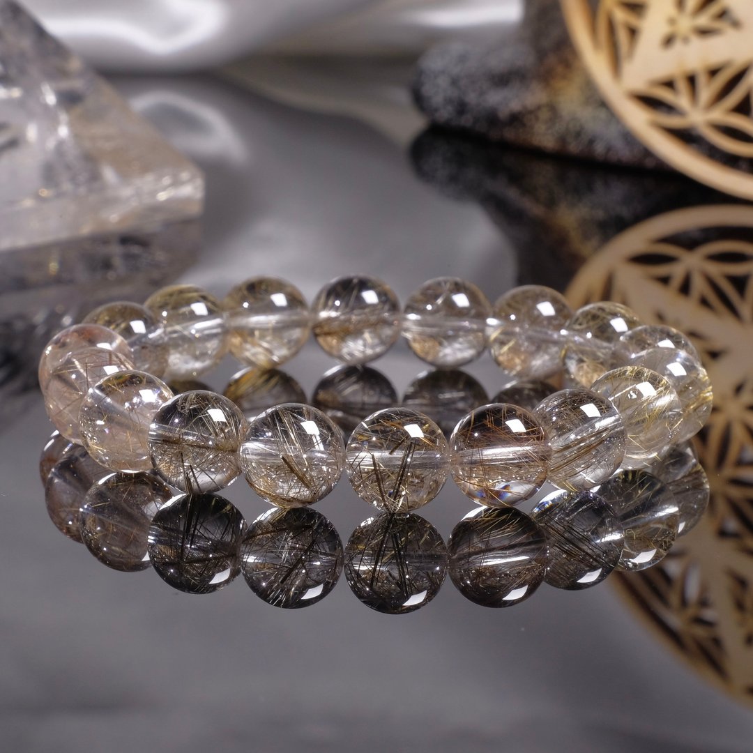 11mm 金銀发晶 魔鬼发晶 天然水晶 天然石 手链 财运 事业运 - 手链/手环 - 水晶 金色