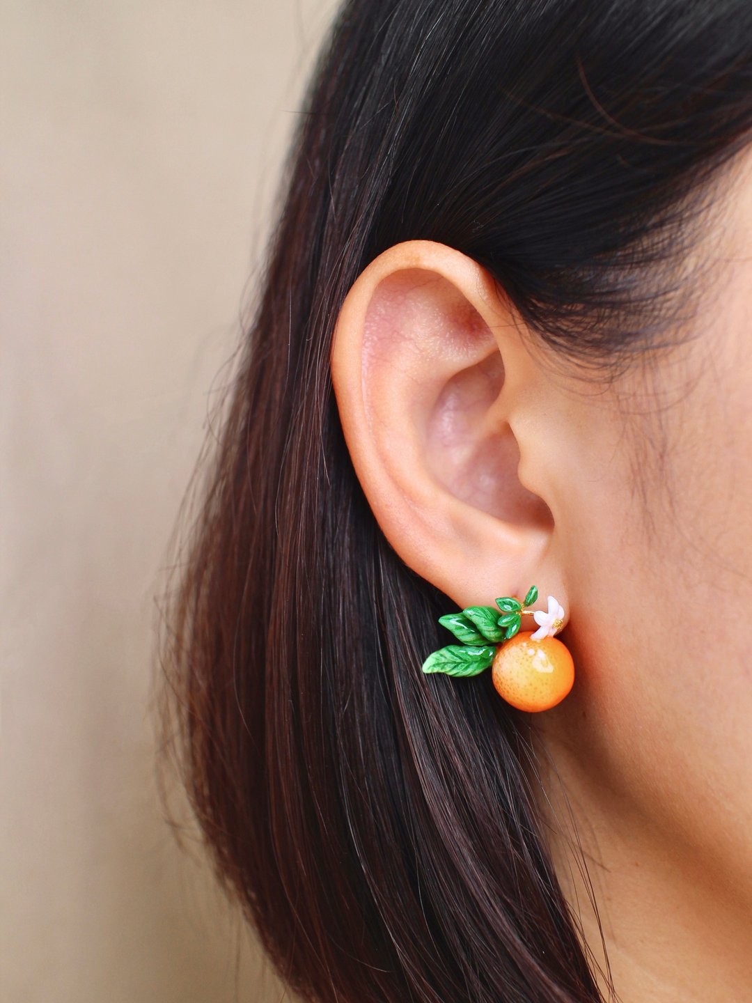 Orange Earrings, Fruity Blossom, Enamel Jewelry, Handmade,  Asymmetrical earring - 耳环/耳夹 - 其他金属 橘色