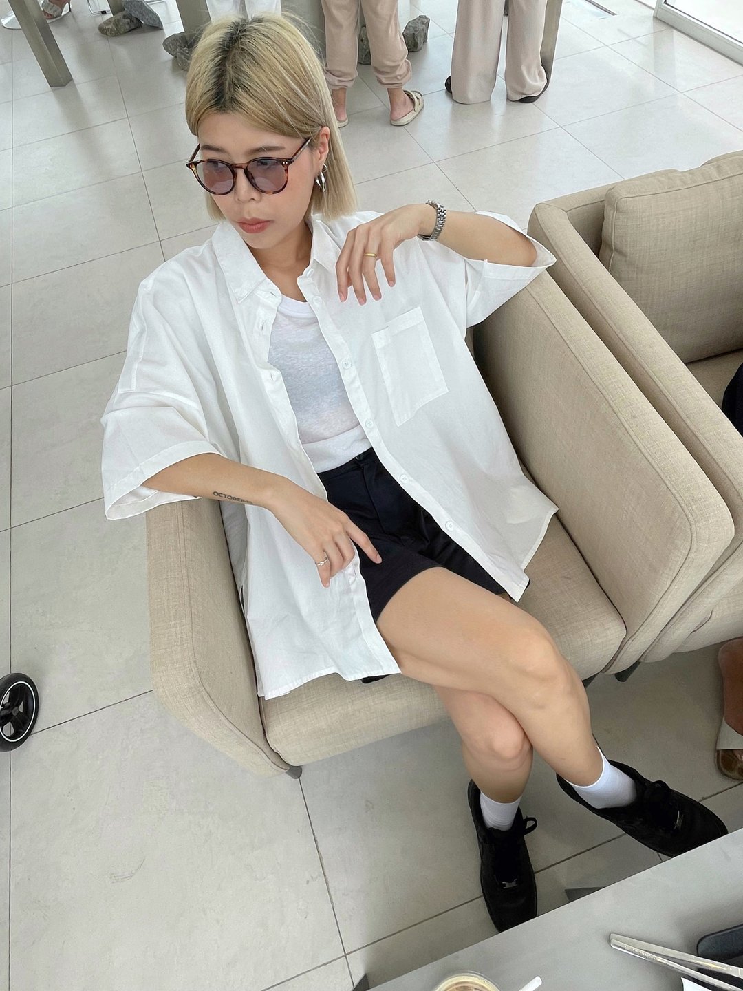 超大短袖衬衫 - 女装衬衫 - 棉 白色