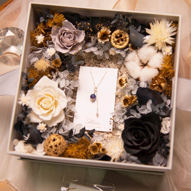 【金色璀璨】 干燥花永生花花盒 婚礼戒盒 / 纯银项链 水晶手链 - 干燥花/捧花 - 宝石 黑色