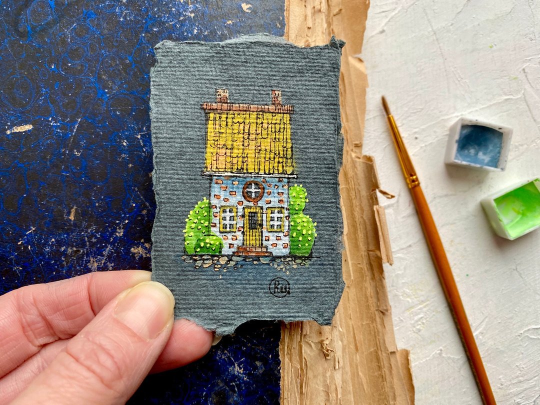 Tiny painting House Miniature Original art Little artwork Mini gift by Rubinova - 海报/装饰画/版画 - 纸 多色
