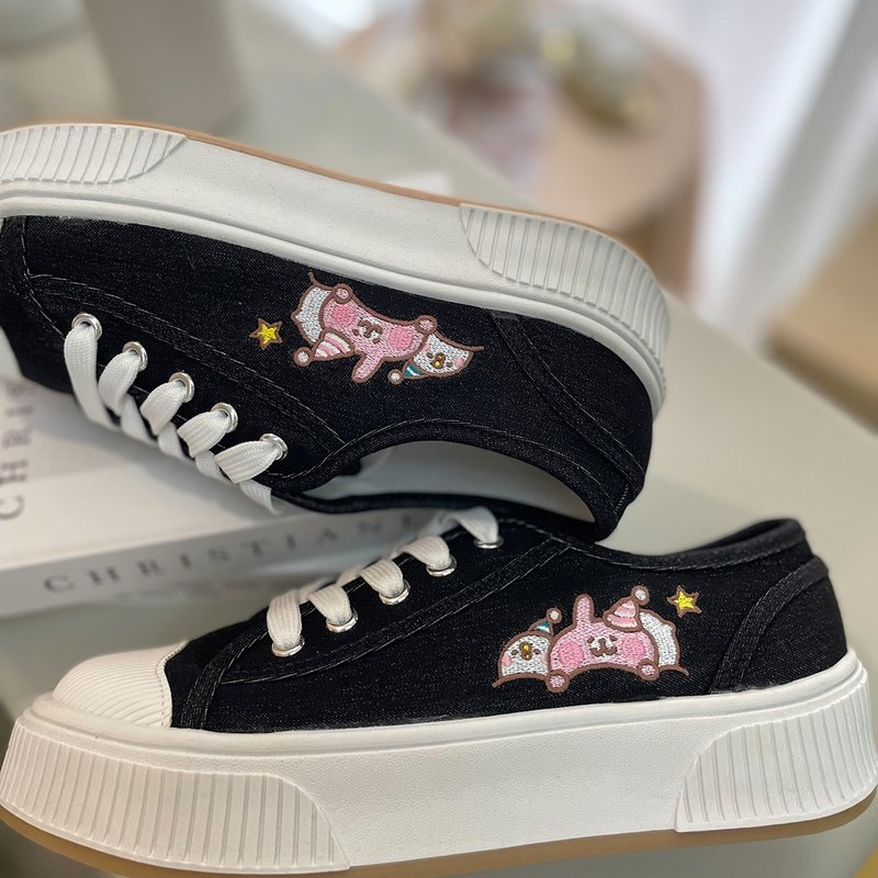 Paidal x 卡娜赫拉的小动物 晚安美梦绑带厚底休闲鞋帆布鞋 - 黑 - 女款休闲鞋 - 棉．麻 黑色