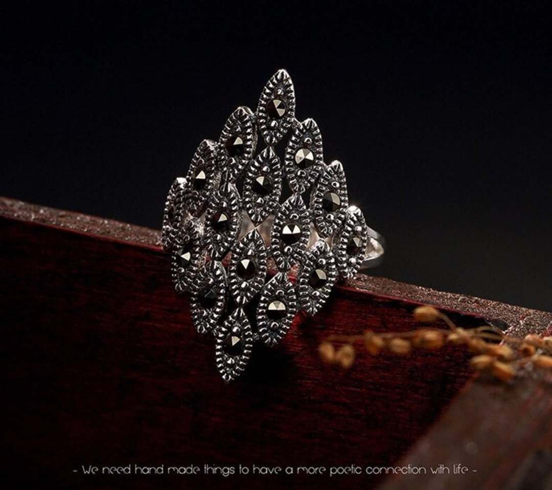 S 925 Sterling Silver Vintage Marcasite Finger Rings Women Bohemian Rhombus Ring - 戒指 - 纯银 银色