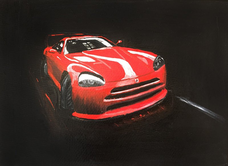 Red Car Painting Auto Original Artwork Gouache Fashion Wall Art Sport Artwork - 海报/装饰画/版画 - 纸 红色