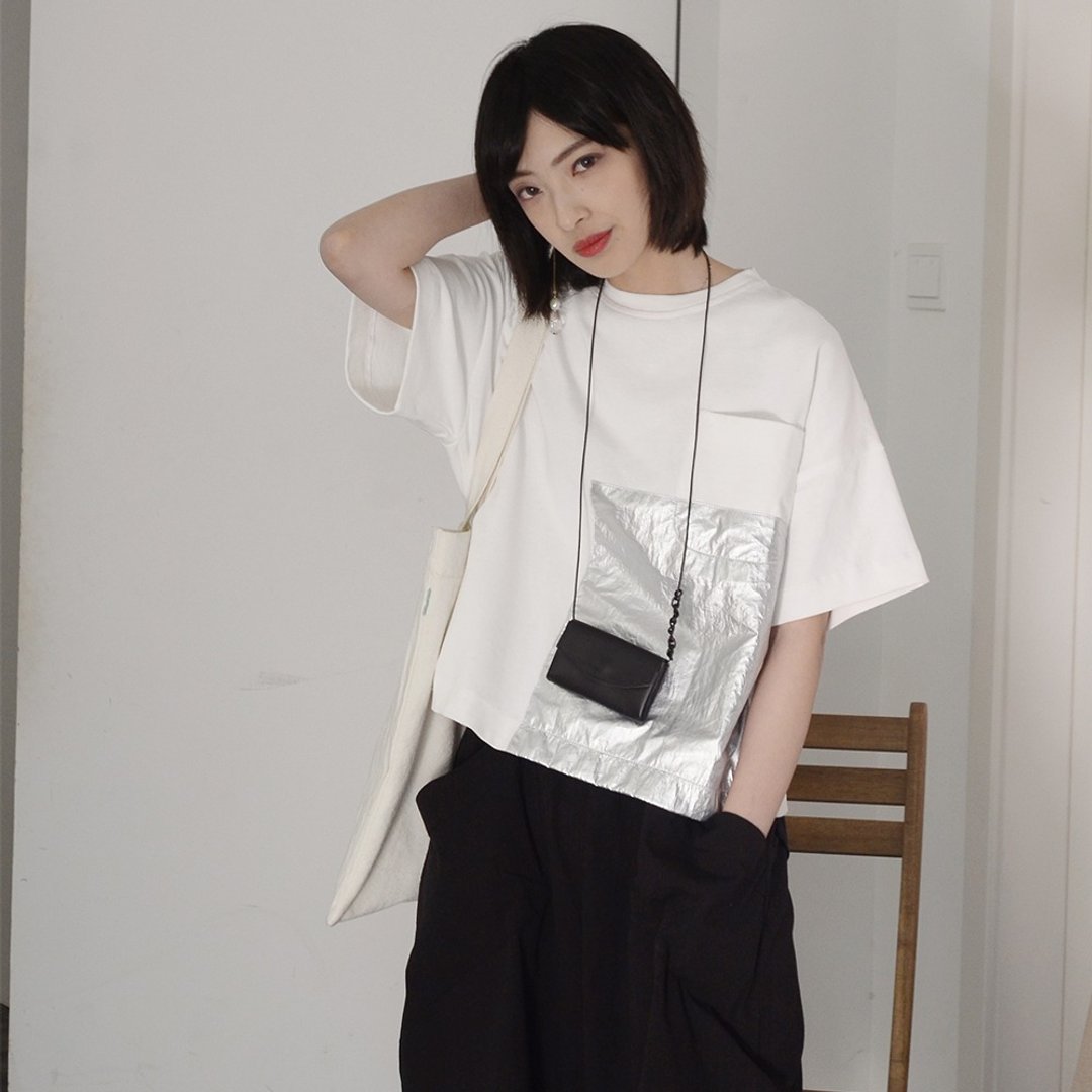 几何拼接短款T恤|T恤|棉|独立品牌|Sora-129 - 女装 T 恤 - 棉 白色