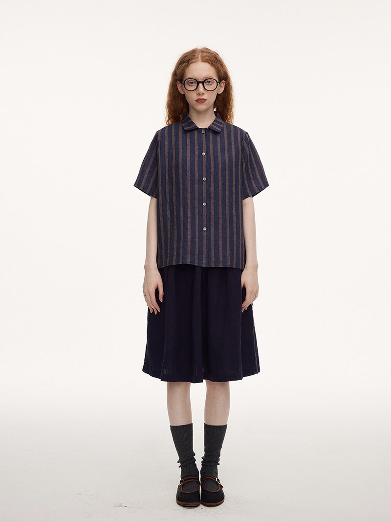 复古风 双色条纹亚麻宽松尖领休闲短袖衬衫 - 女装上衣 - 棉．麻 黄色