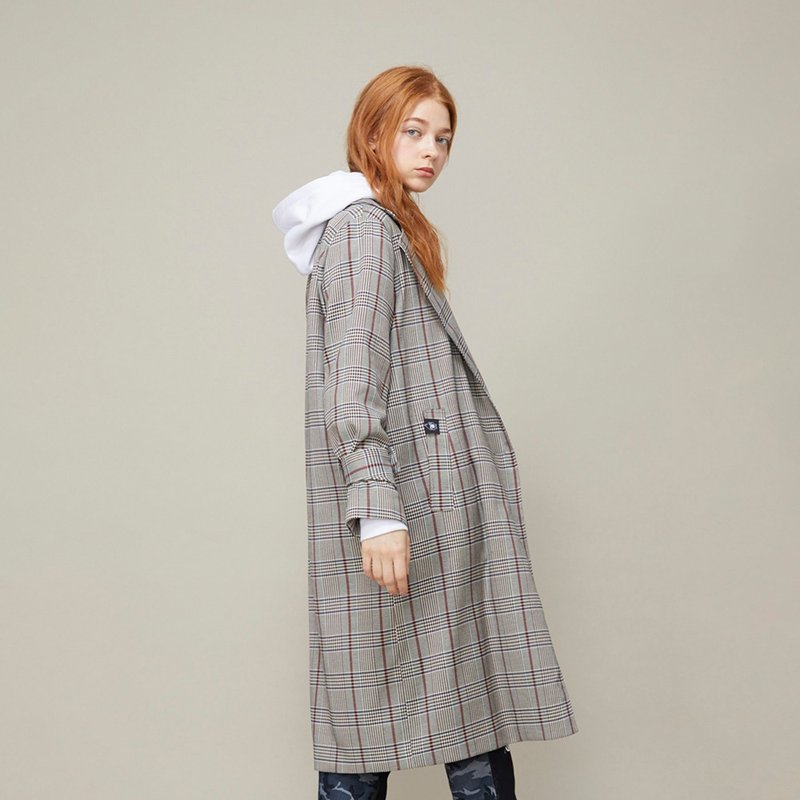 【女款】千鸟格长版风衣外套 / 咖啡/红 - 女装西装外套/风衣 - 聚酯纤维 咖啡色