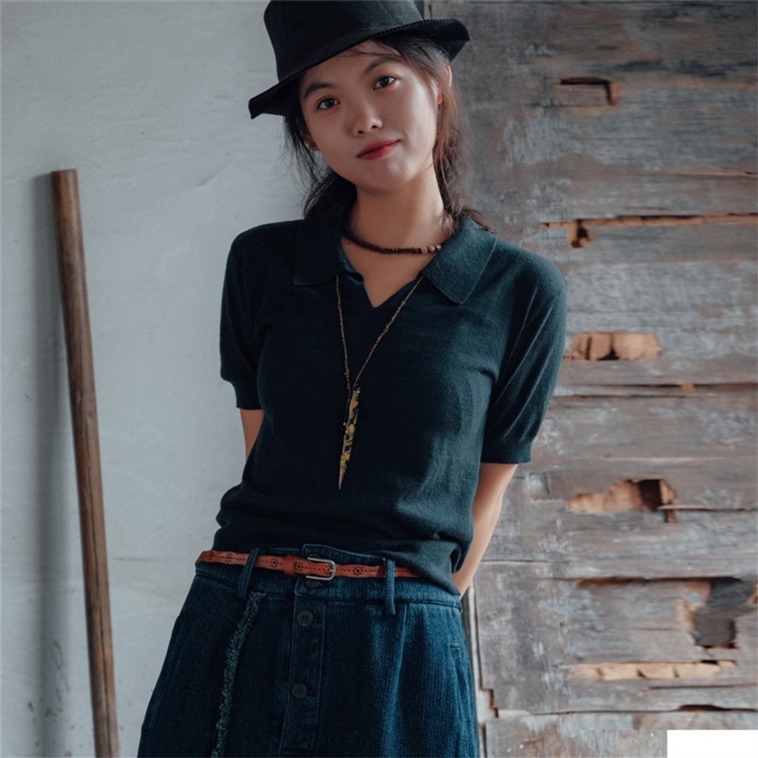 墨蘭綠 美式復古羊毛犛牛絨針織毛衫 POLO領短袖秋裝毛衣 - 女装针织衫/毛衣 - 羊毛 绿色