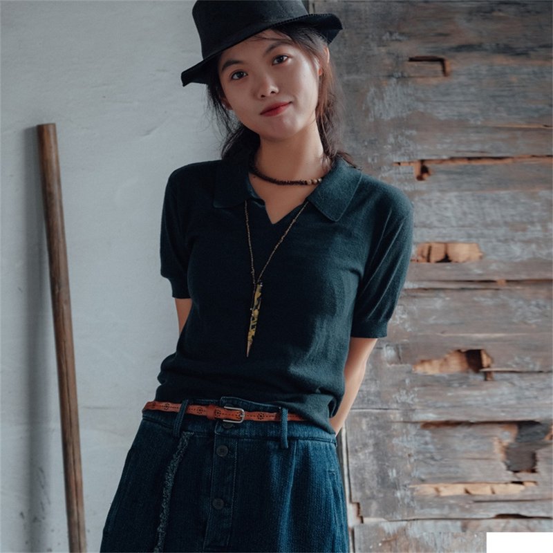 墨蘭綠 美式復古羊毛犛牛絨針織毛衫 POLO領短袖秋裝毛衣 - 女装针织衫/毛衣 - 羊毛 绿色