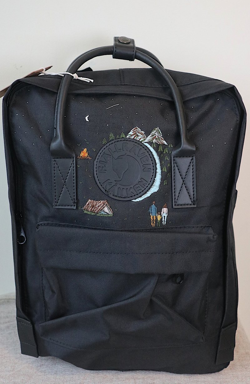 一家三口天然林的夜晚-全黑款皮把 - 后背包/双肩包 - 棉．麻 黑色